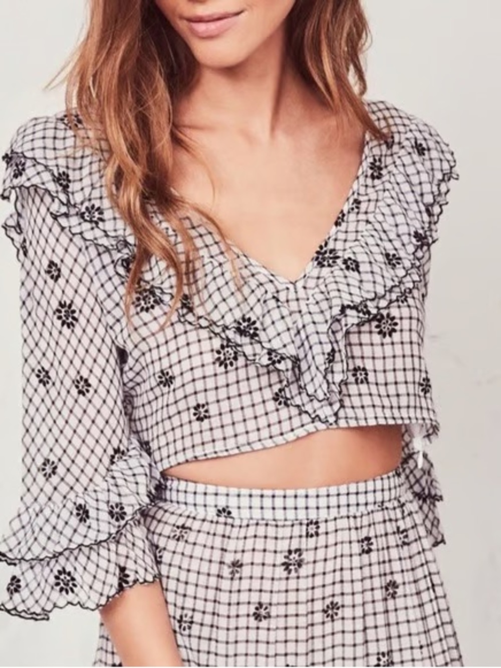 LoveShackFancy Black & White Gingham Ruffle Crop Blouse